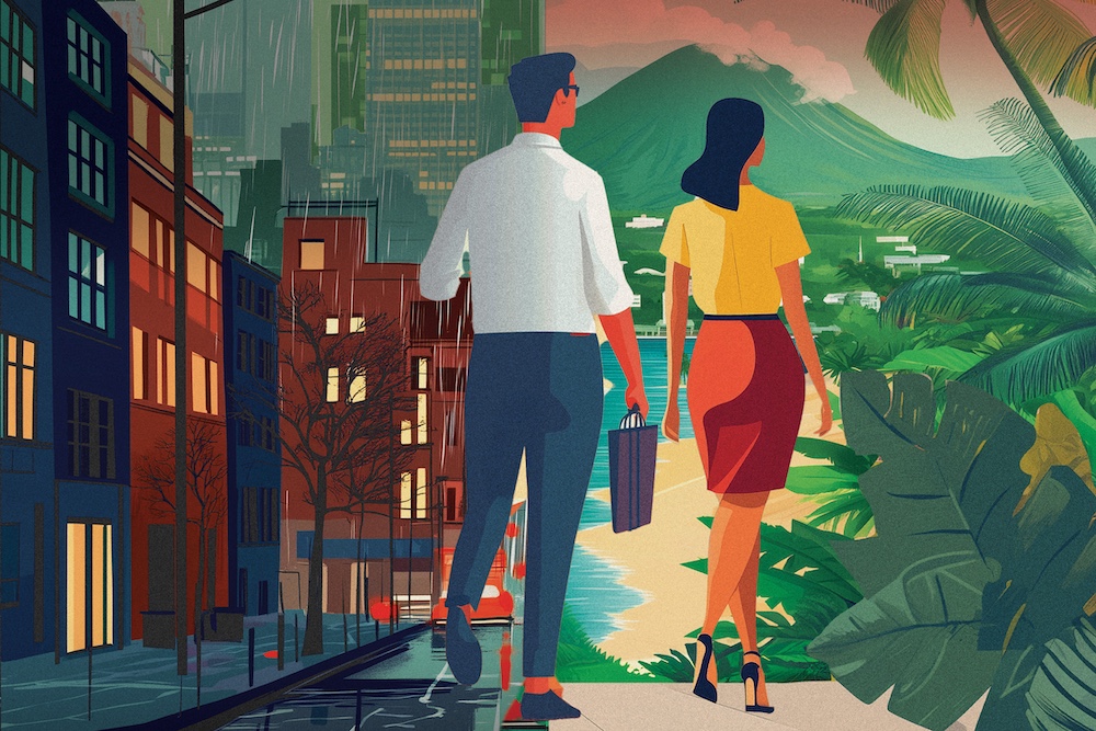 Illustration: locals returning home to Hawaiʻi, from Hawaii Business Magazine's 'For Them, It's Hawaiʻi 2.0'